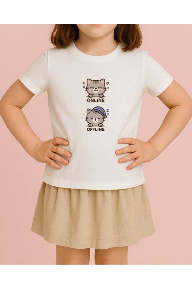 Tişört Unisex Çocuk (Gri Kedi İkili) Kiz Beyaz - 4-5 Yaş