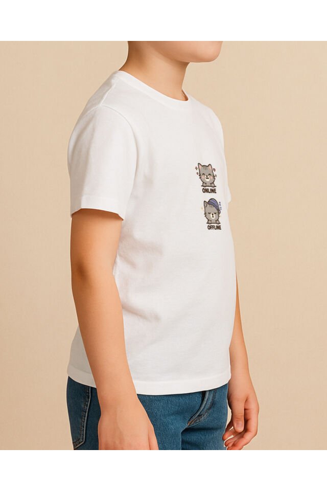 Tişört Unisex Çocuk (Gri Kedi İkili) Erkek Beyaz - 10-11 Yaş