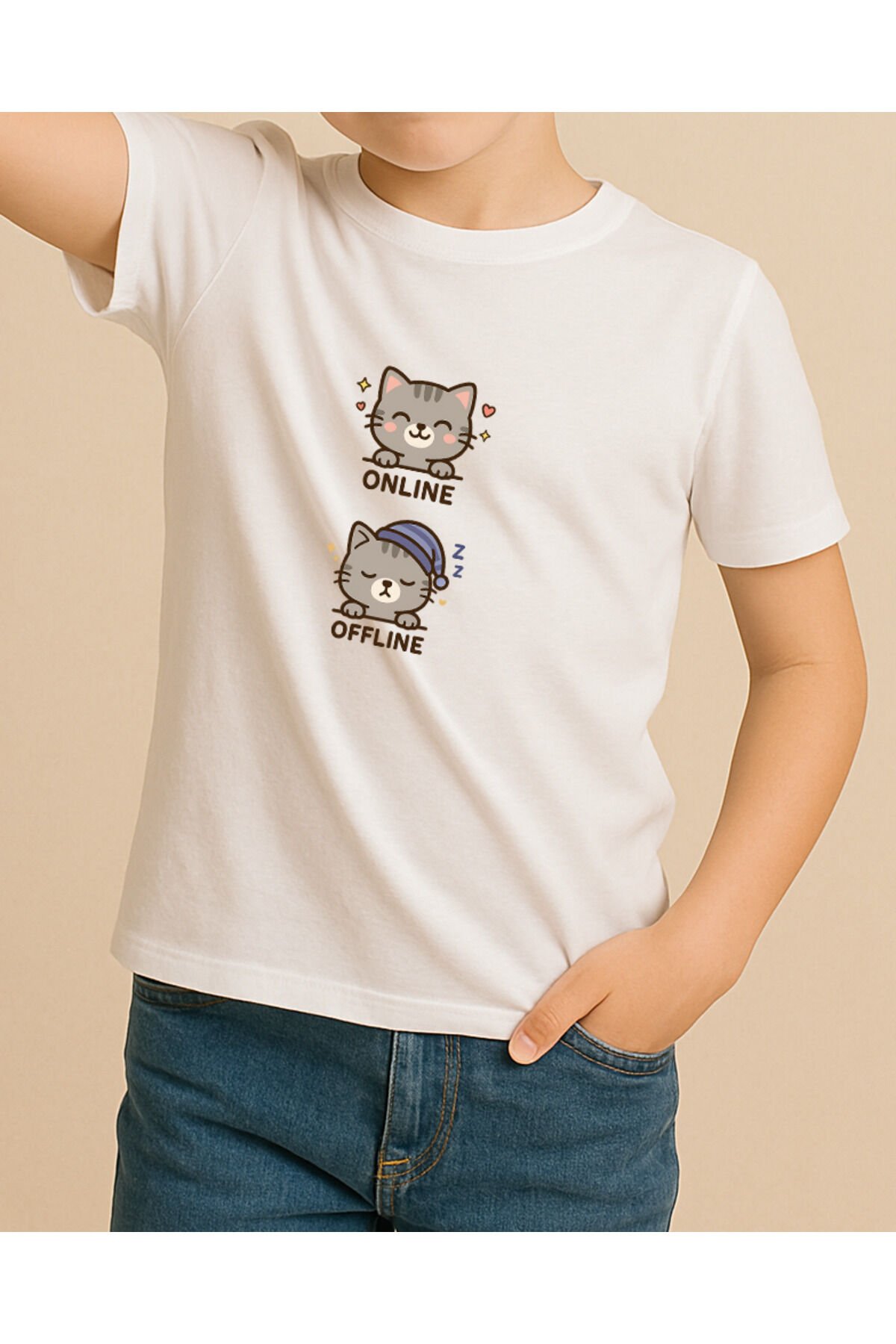 Tişört Unisex Çocuk (Gri Kedi İkili) Erkek Beyaz - 4-5 Yaş