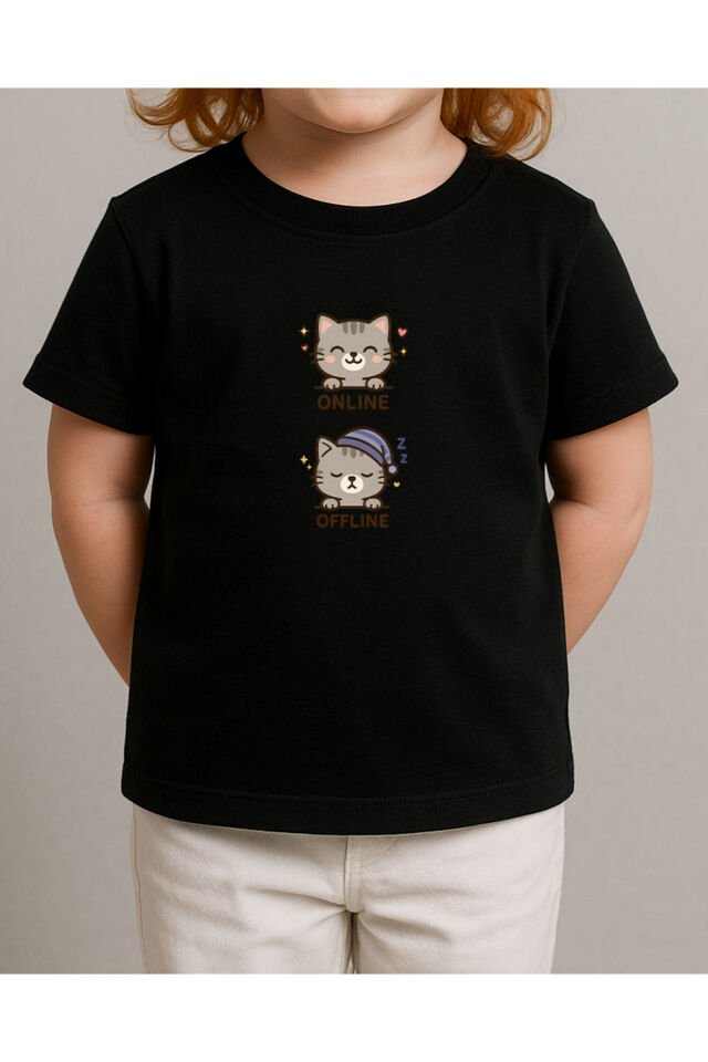Tişört Unisex Çocuk (Gri Kedi İkili) Kiz Si̇yah - 4-5 Yaş