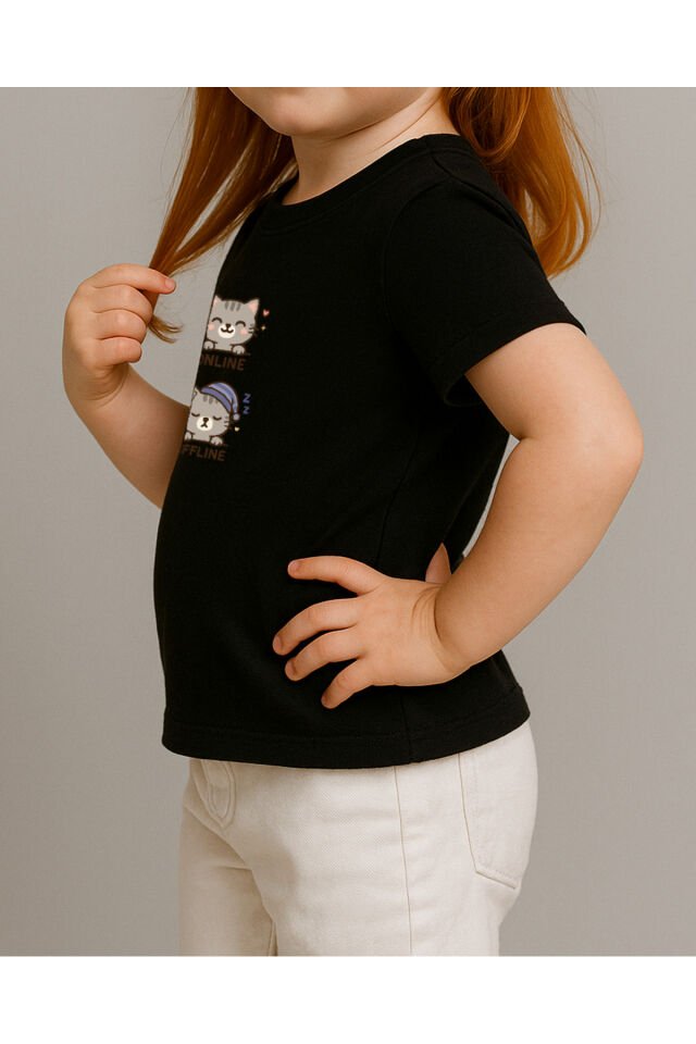 Tişört Unisex Çocuk (Gri Kedi İkili) Kiz Si̇yah - 4-5 Yaş