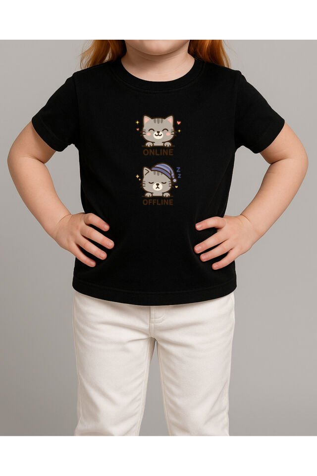 Tişört Unisex Çocuk (Gri Kedi İkili) Kiz Si̇yah - 10-11 Yaş