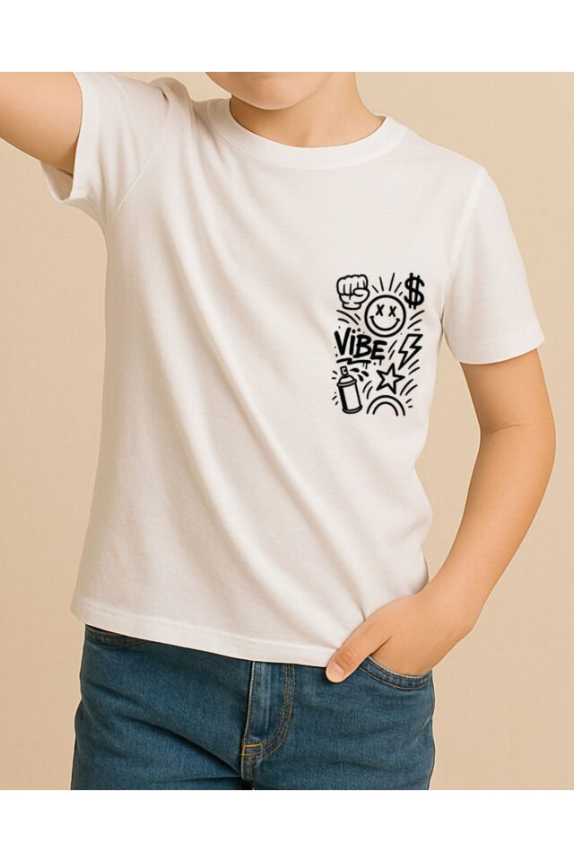 Tişört Unisex Çocuk (Vibe Çoklu) Erkek Beyaz - 4-5 Yaş