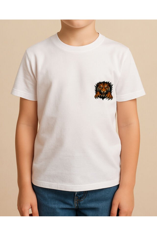 Tişört Unisex Çocuk (Kaplan) Erkek Beyaz - 10-11 Yaş