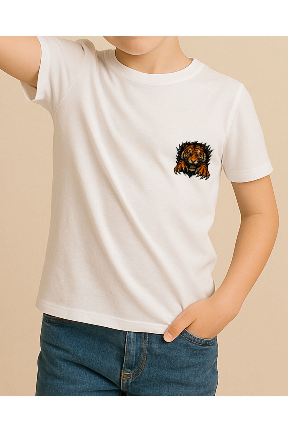 Tişört Unisex Çocuk (Kaplan) Erkek Beyaz - 10-11 Yaş