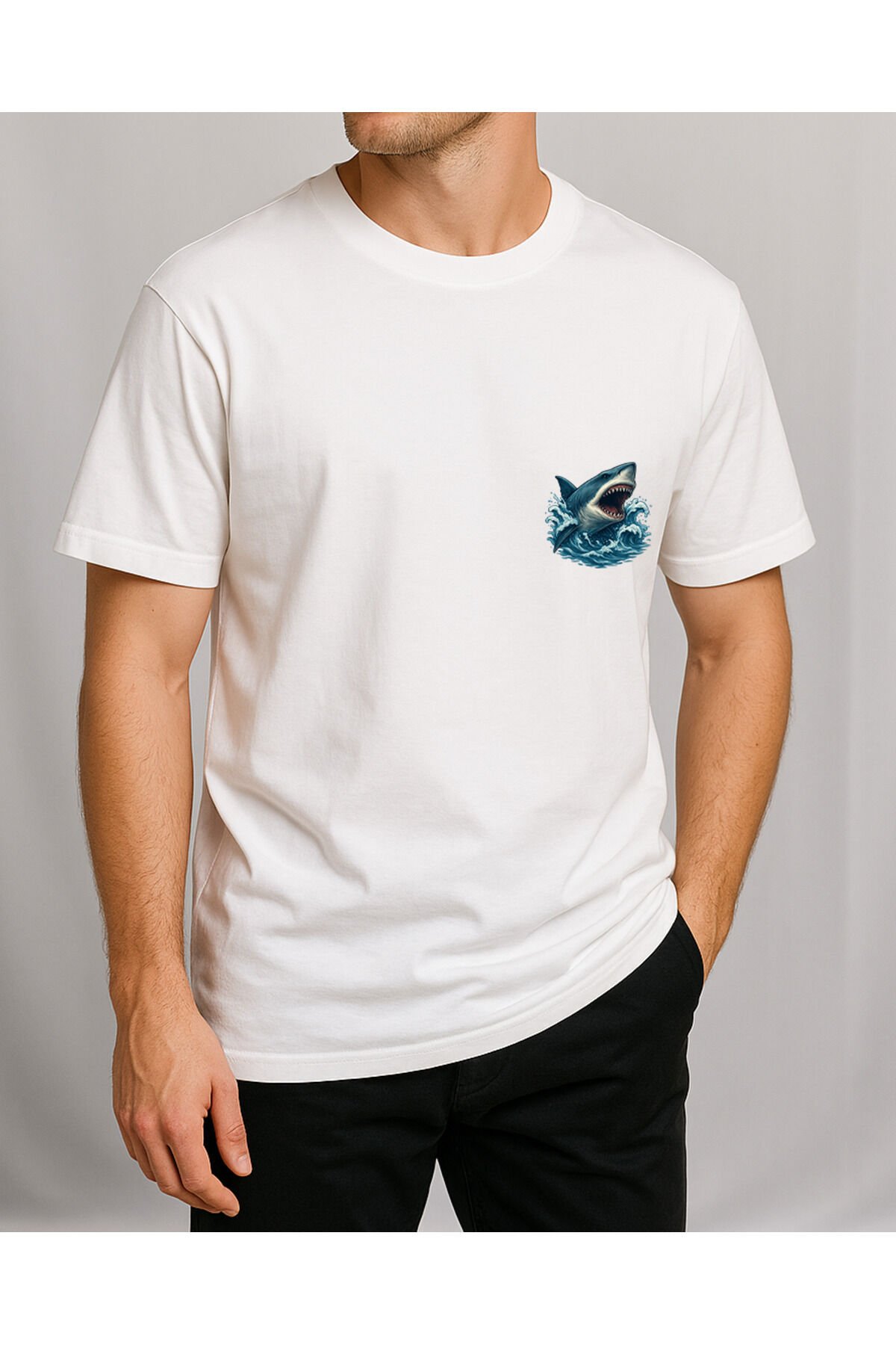 Tişört Unisex (Köpek Balığı) Erkek Beyaz - M
