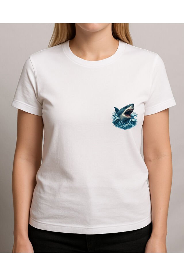 Tişört Unisex (Köpek Balığı) Kadin Beyaz - S