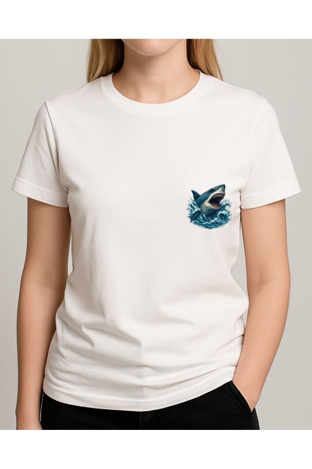 Tişört Unisex (Köpek Balığı) Kadin Beyaz - 2XL