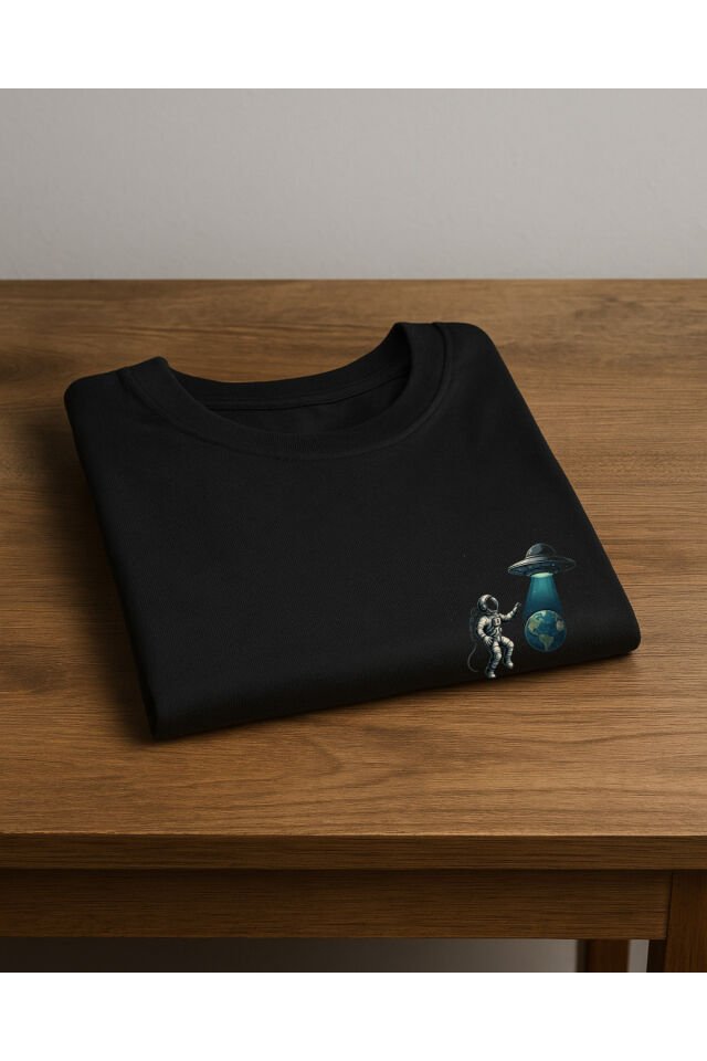 Tişört Unisex (Astronot Ufo) Erkek Si̇yah - M
