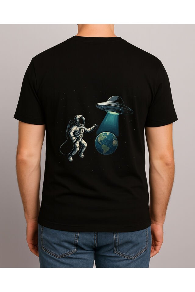 Tişört Unisex (Astronot Ufo) Erkek Si̇yah - M