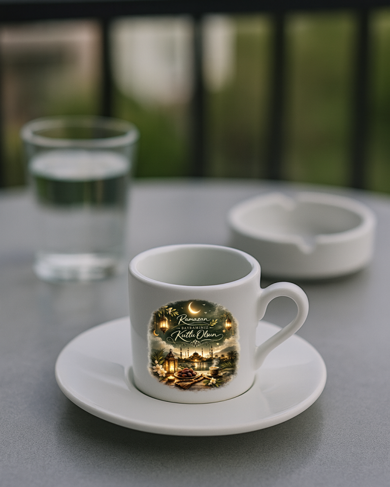 Ramazan Bayramına Özel Tasarımlı Beyaz Altlıklı Türk Kahvesi Fincanı