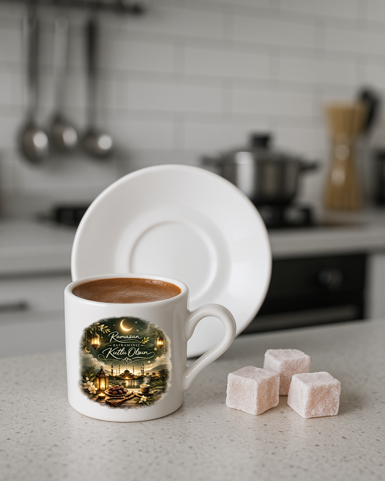 Ramazan Bayramına Özel Tasarımlı Beyaz Altlıklı Türk Kahvesi Fincanı