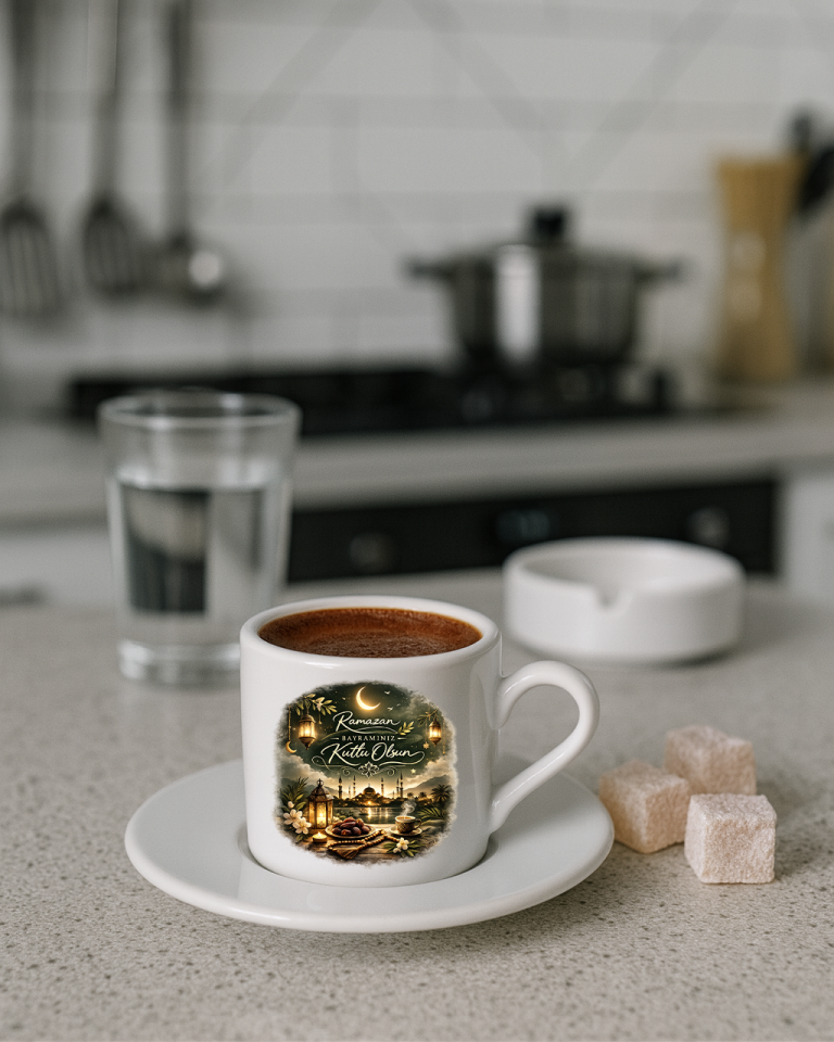 Ramazan Bayramına Özel Tasarımlı Beyaz Altlıklı Türk Kahvesi Fincanı