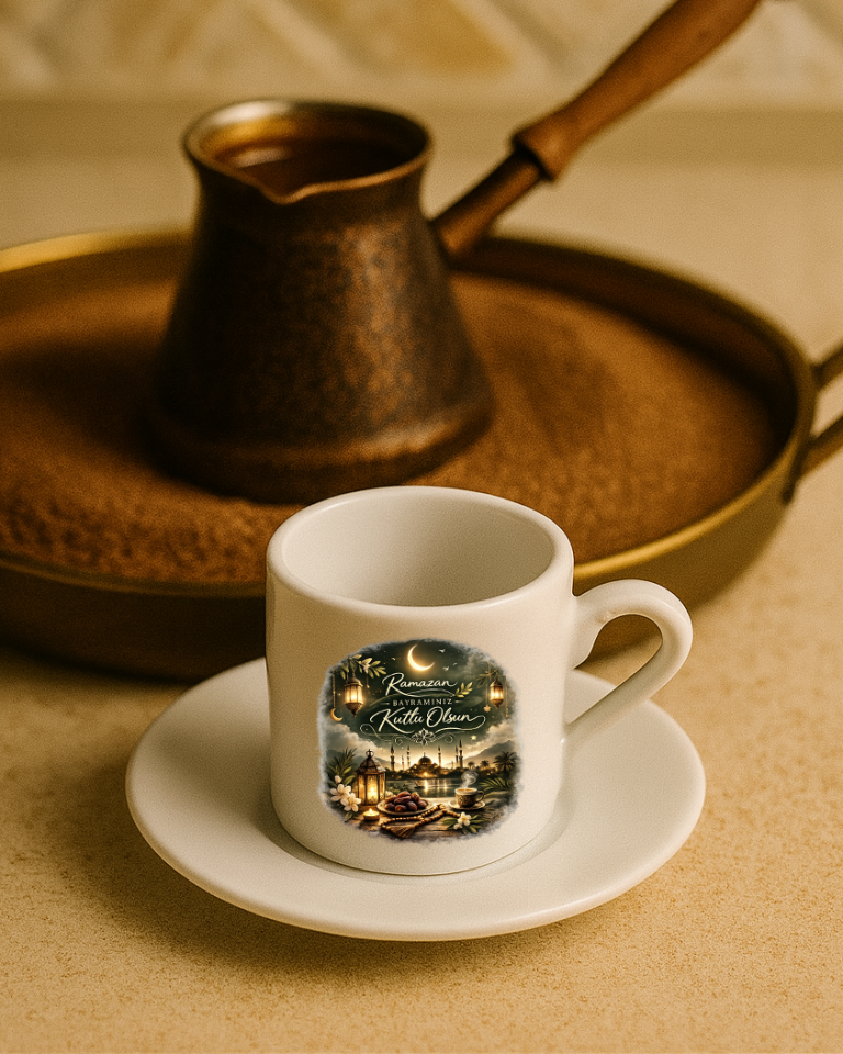 Ramazan Bayramı Tasarımlı Beyaz Altlık Türk Kahvesi Fincanı