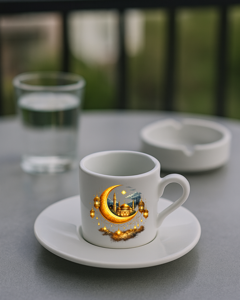 Ramazan Bayramı Tasarımlı Beyaz Altlık Türk Kahvesi Fincanı 2. Tasarım