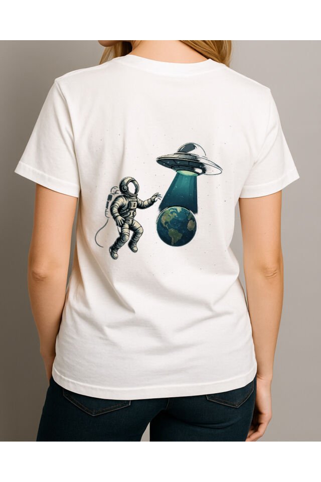 Tişört Unisex (Astronot Ufo) Kadin Beyaz - 2XL