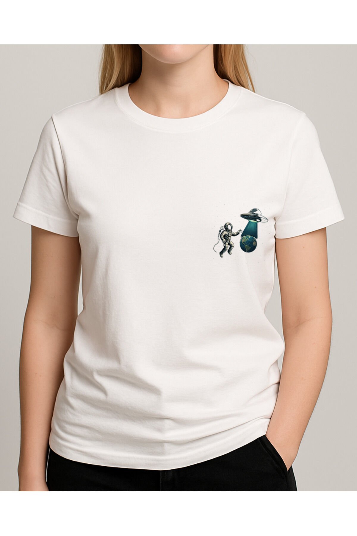 Tişört Unisex (Astronot Ufo) Kadin Beyaz - 2XL