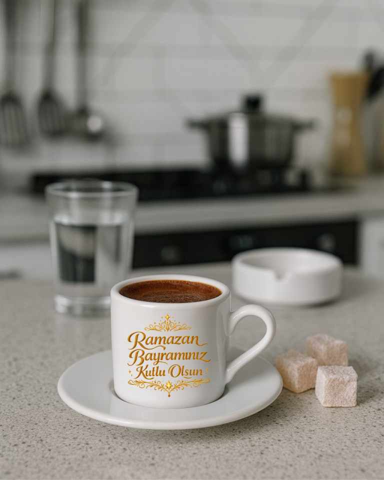Ramazan Bayramı Tasarımlı Beyaz Altlık Türk Kahvesi Fincanı 6. Tasarım
