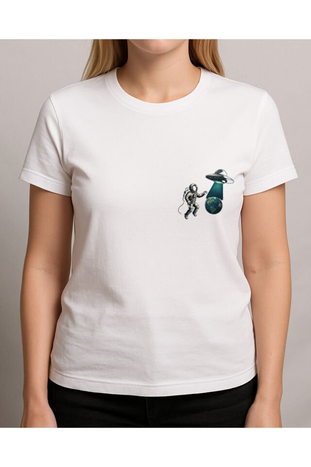 Tişört Unisex (Astronot Ufo) Kadin Beyaz - S