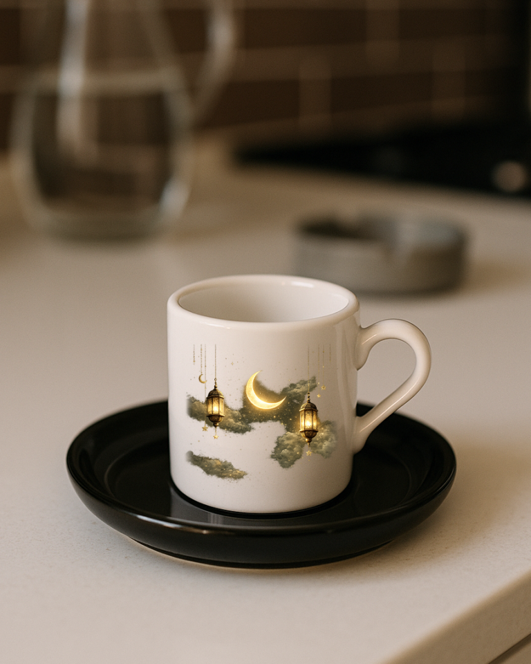 Ramazan Bayramı Tasarımlı Siyah Altlık Türk Kahvesi Fincanı