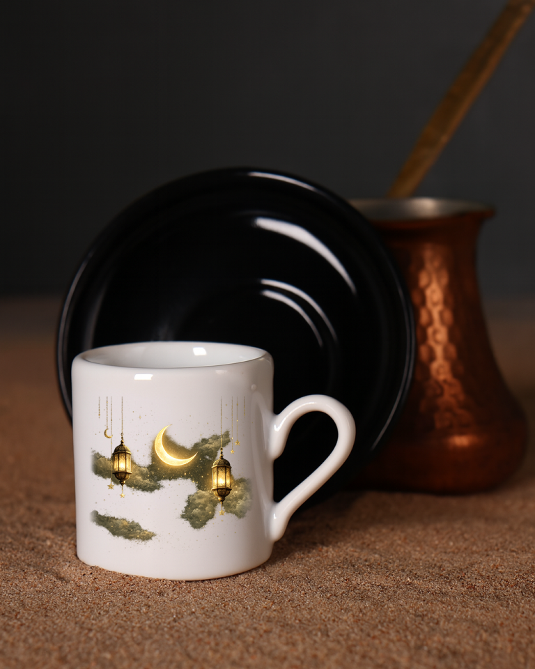 Ramazan Bayramına Özel Tasarımlı Siyah Altlıklı Türk Kahvesi Fincanı