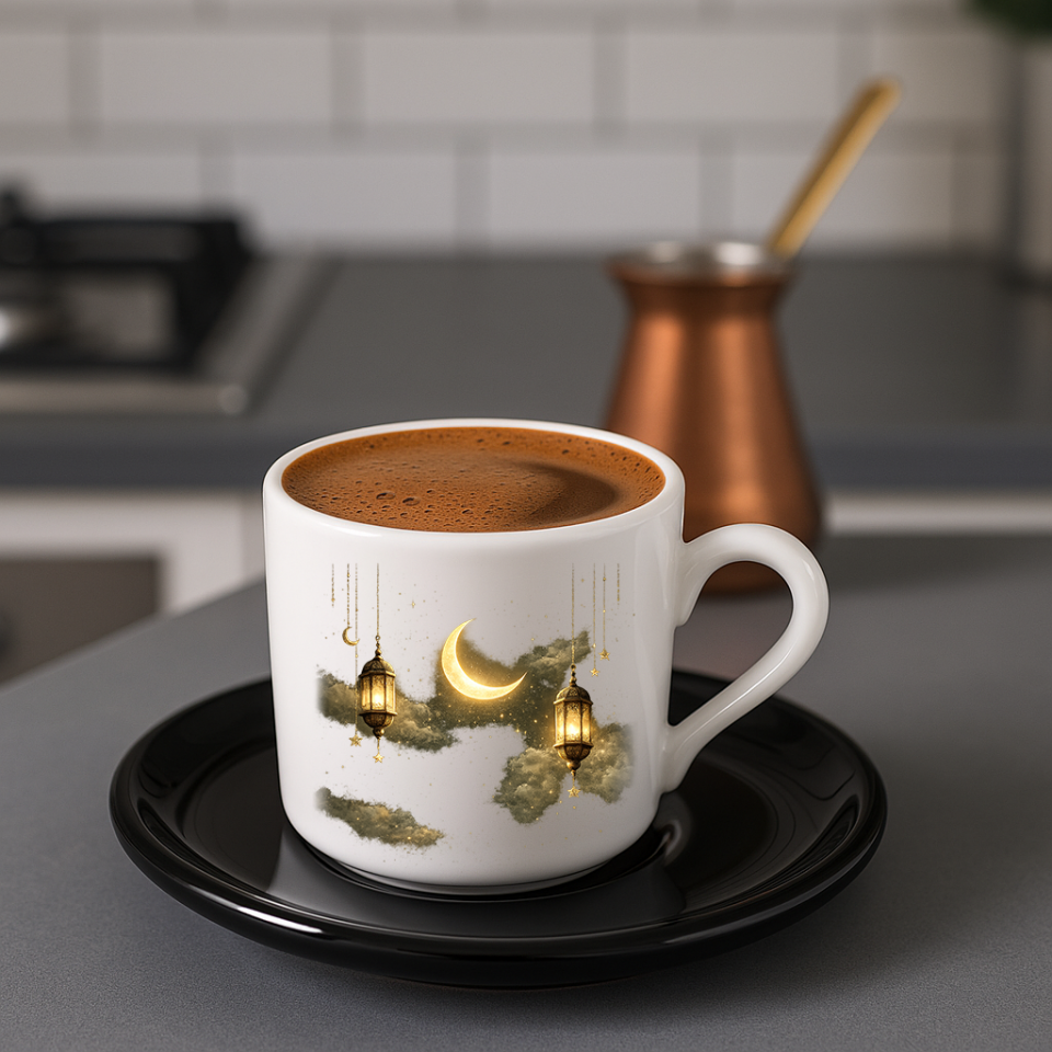 Ramazan Bayramına Özel Tasarımlı Siyah Altlıklı Türk Kahvesi Fincanı
