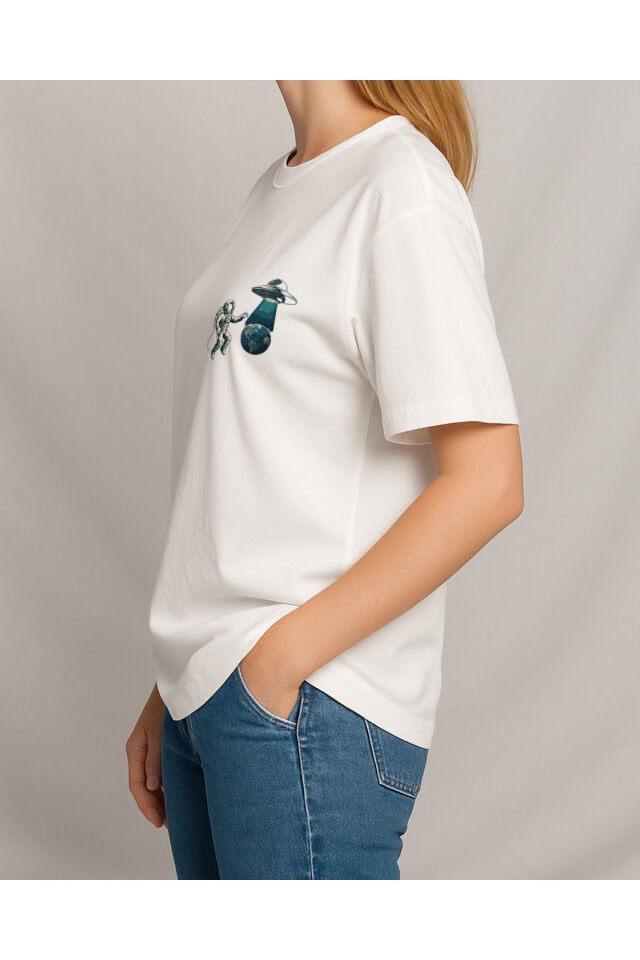 Tişört Unisex (Astronot Ufo) Kadin Beyaz - XL