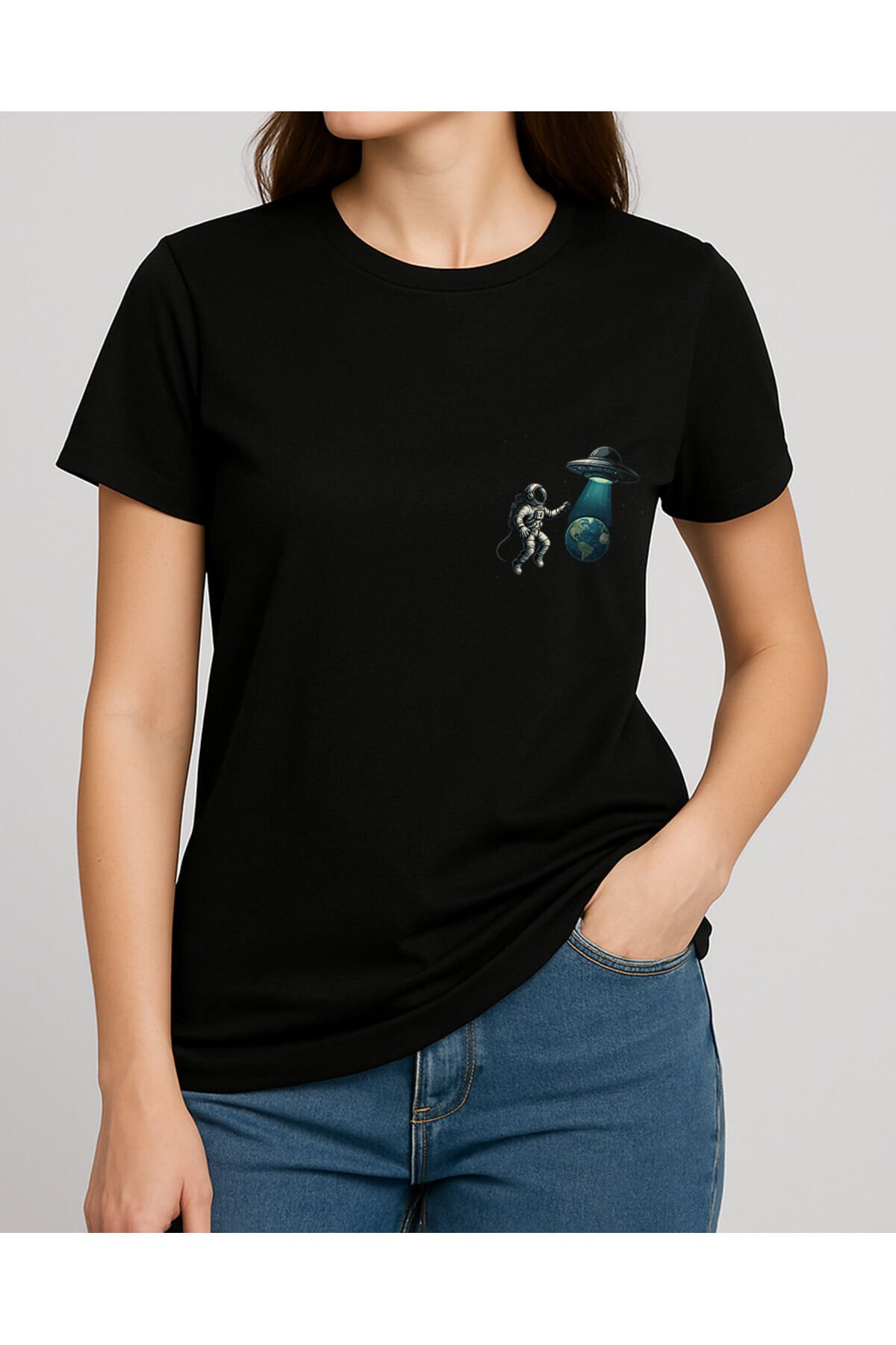 Tişört Unisex (Astronot Ufo) Kadin Si̇yah - 10-11 Yaş