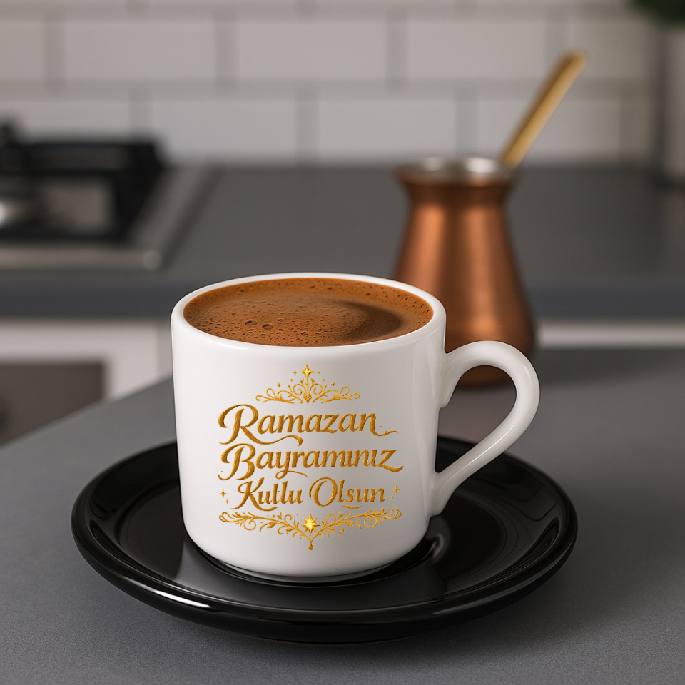 Ramazan Bayramı Tasarımlı Siyah Altlık Türk Kahvesi Fincanı 6