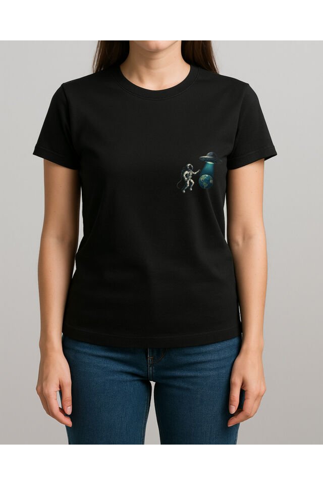 Tişört Unisex (Astronot Ufo) Kadin Si̇yah - M