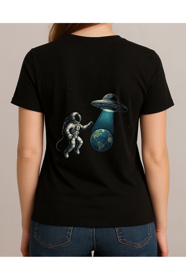 Tişört Unisex (Astronot Ufo) Kadin Si̇yah - M