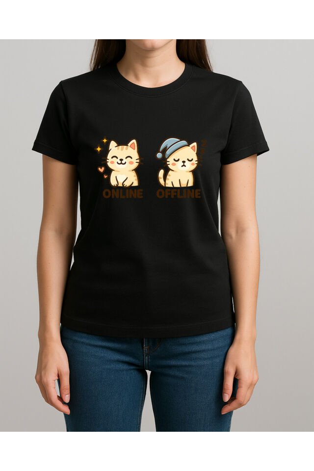 Tişört Unisex (Krem Kedi İkili) Kadin Si̇yah - M