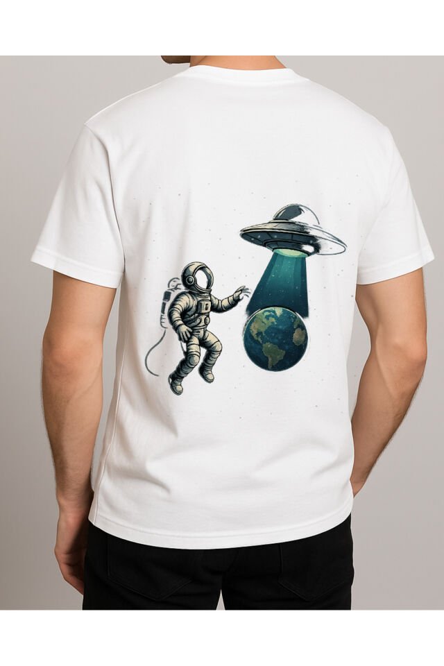 Tişört Unisex (Astronot Ufo) Erkek Beyaz - M