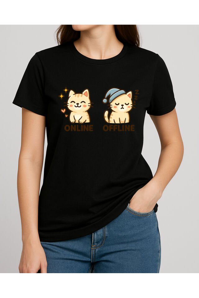 Tişört Unisex (Krem Kedi İkili) Kadin Si̇yah - S
