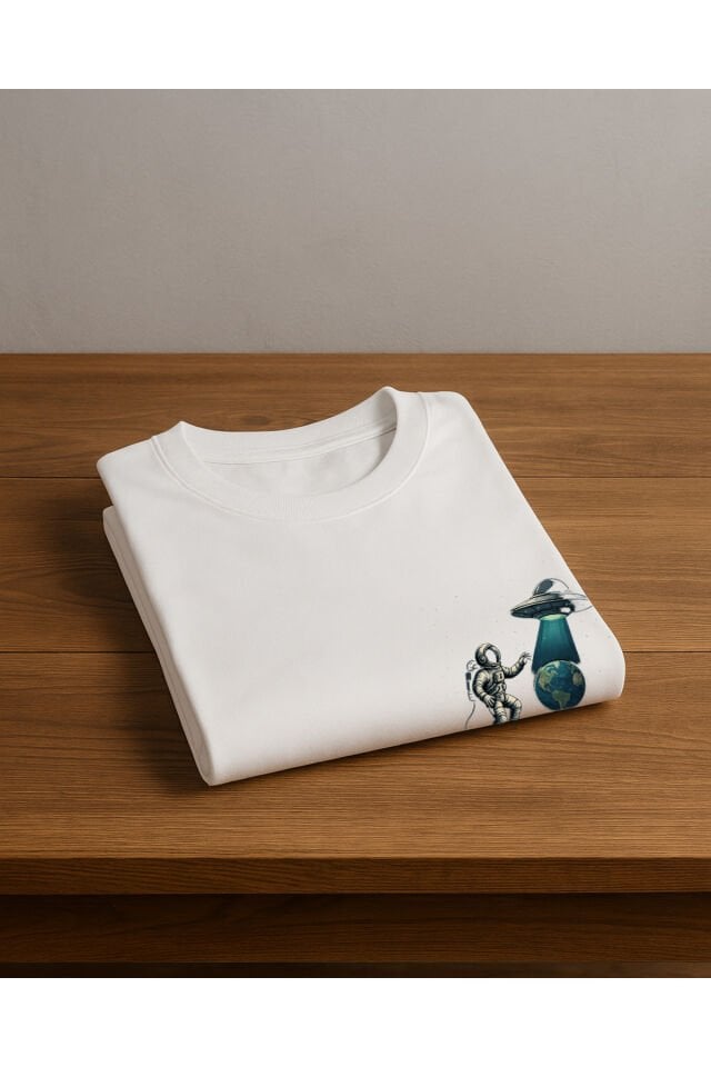 Tişört Unisex (Astronot Ufo) Erkek Beyaz - 2XL