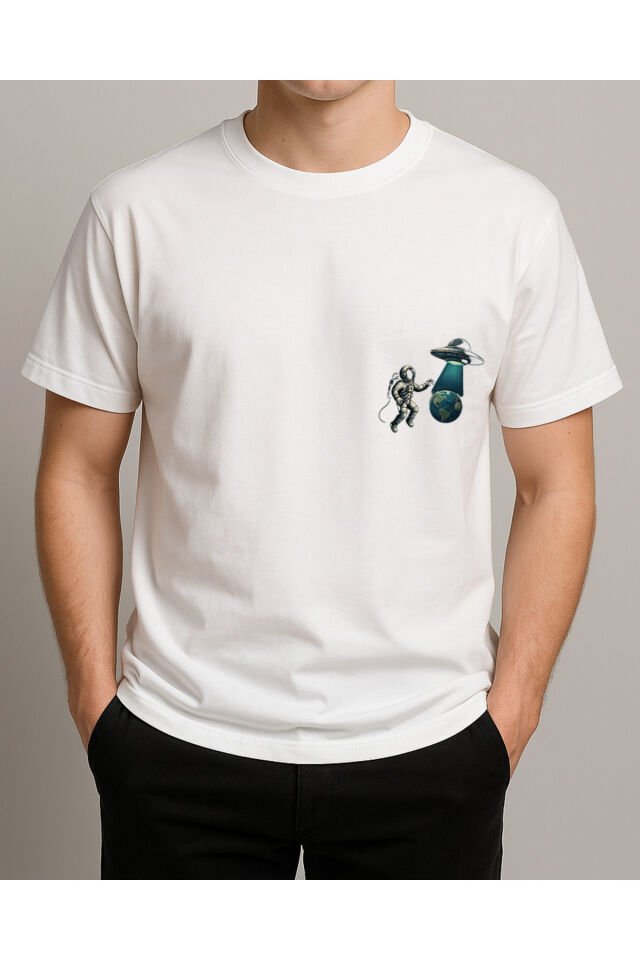 Tişört Unisex (Astronot Ufo) Erkek Beyaz - 2XL