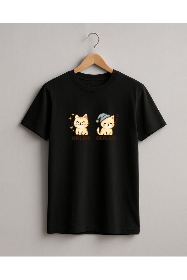 Tişört Unisex (Krem Kedi İkili) Erkek Si̇yah - L