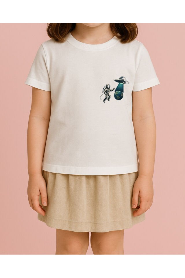Tişört Unisex Çocuk (Astronot Ufo) Kiz Beyaz - 10-11 Yaş