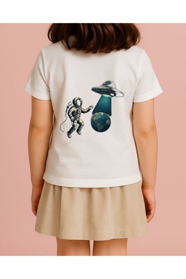 Tişört Unisex Çocuk (Astronot Ufo) Kiz Beyaz - 10-11 Yaş