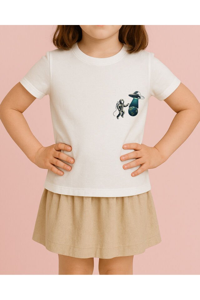 Tişört Unisex Çocuk (Astronot Ufo) Kiz Beyaz - 10-11 Yaş