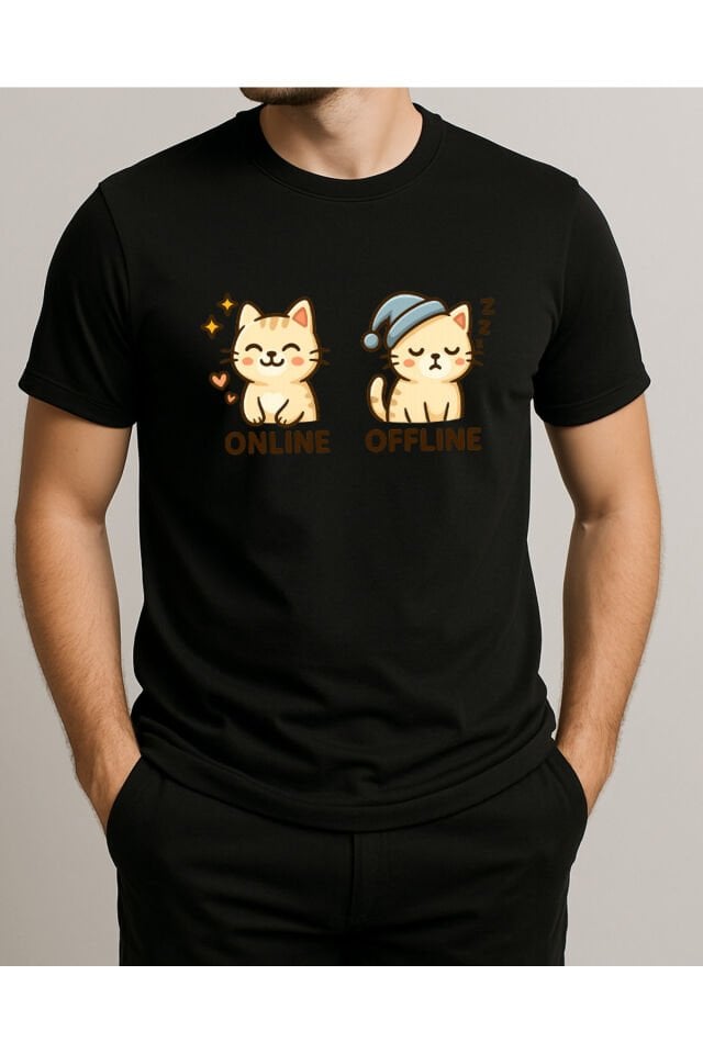Tişört Unisex (Krem Kedi İkili) Erkek Si̇yah - M