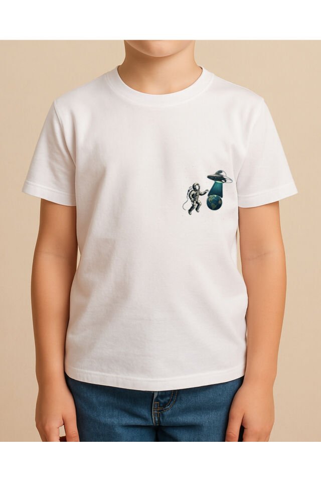 Tişört Unisex Çocuk (Astronot Ufo) Erkek Beyaz - 10-11 Yaş