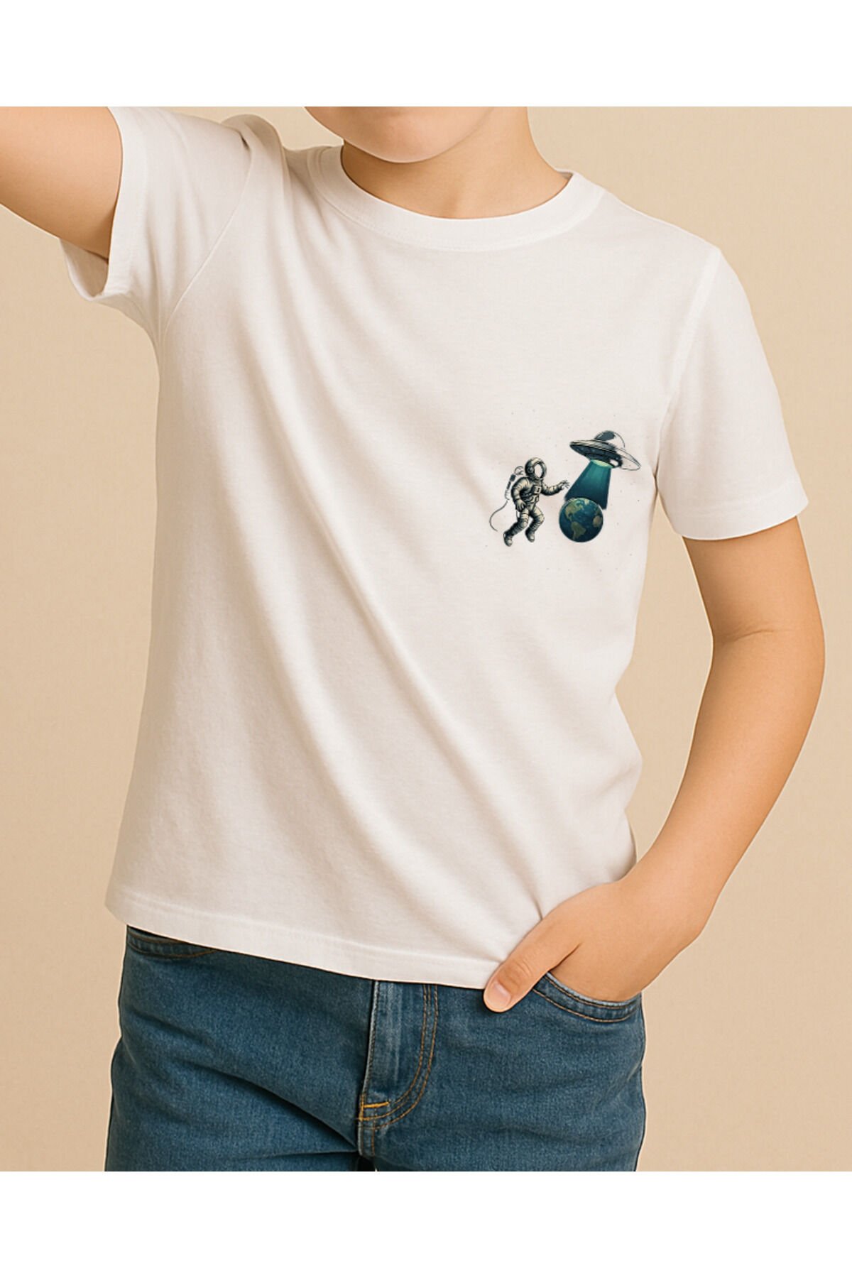 Tişört Unisex Çocuk (Astronot Ufo) Erkek Beyaz - 10-11 Yaş