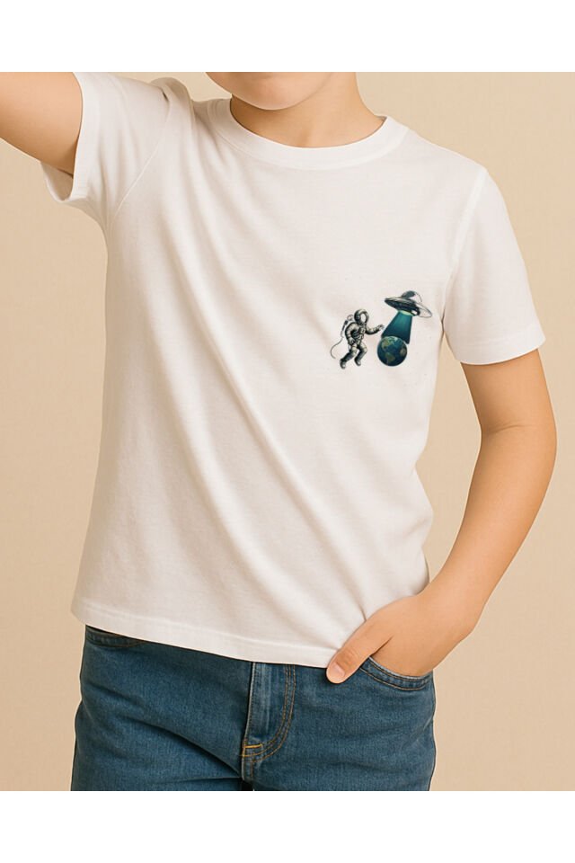 Tişört Unisex Çocuk (Astronot Ufo) Erkek Beyaz - 10-11 Yaş