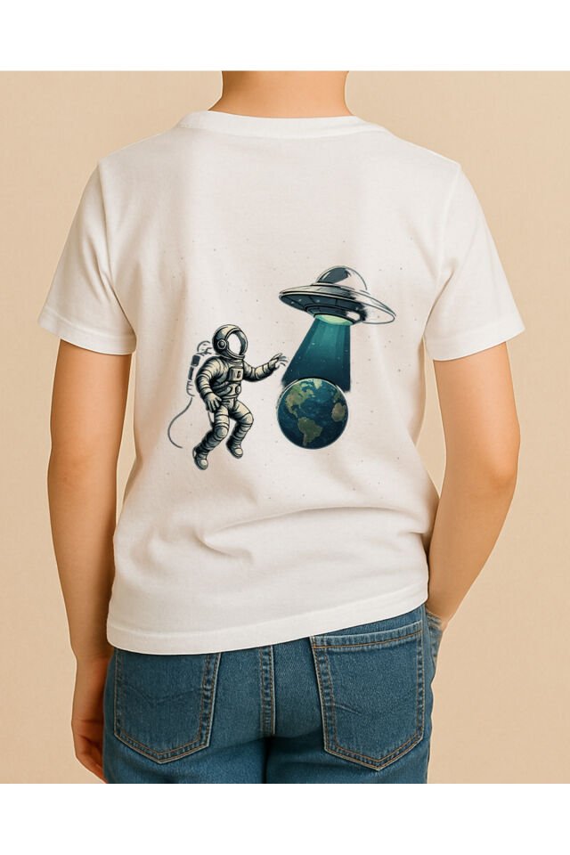 Tişört Unisex Çocuk (Astronot Ufo) Erkek Beyaz - 4-5 Yaş
