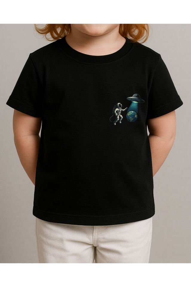 Tişört Unisex Çocuk (Astronot Ufo) Kiz Si̇yah - 4-5 Yaş