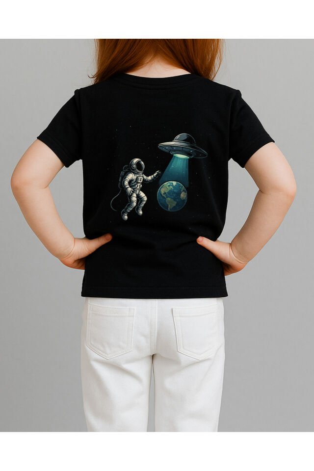 Tişört Unisex Çocuk (Astronot Ufo) Kiz Si̇yah - 4-5 Yaş