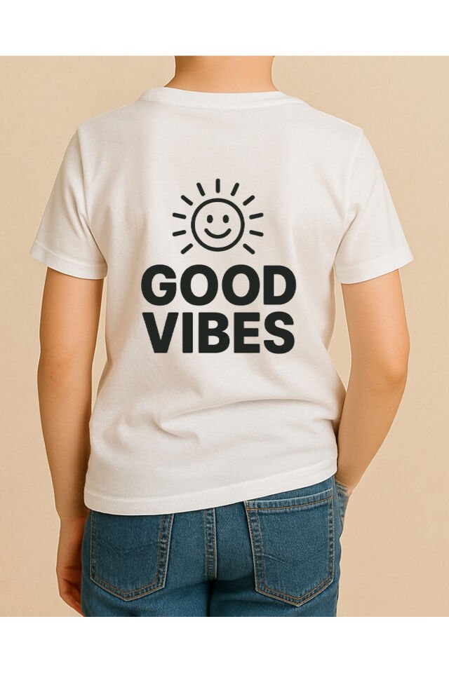 Tişört Unisex Çocuk (Good Vibes) Erkek Beyaz - 4-5 Yaş
