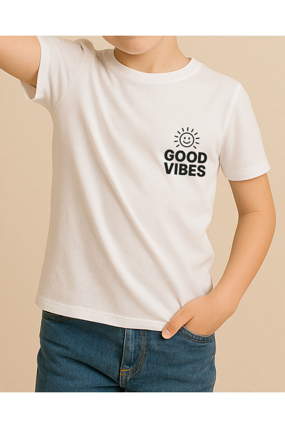Tişört Unisex Çocuk (Good Vibes) Erkek Beyaz - 4-5 Yaş