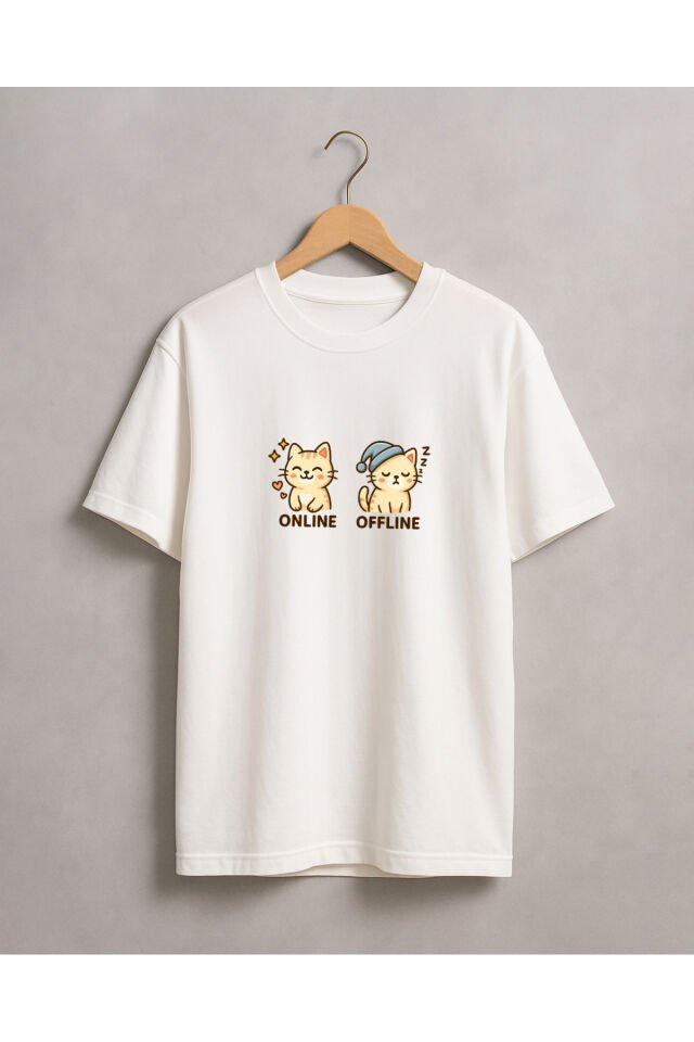 Tişört Unisex (Krem Kedi İkili) Erkek Beyaz - XL